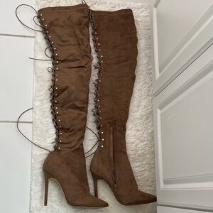 Fever Taupe Lace-Up Over-the-Knee Boots